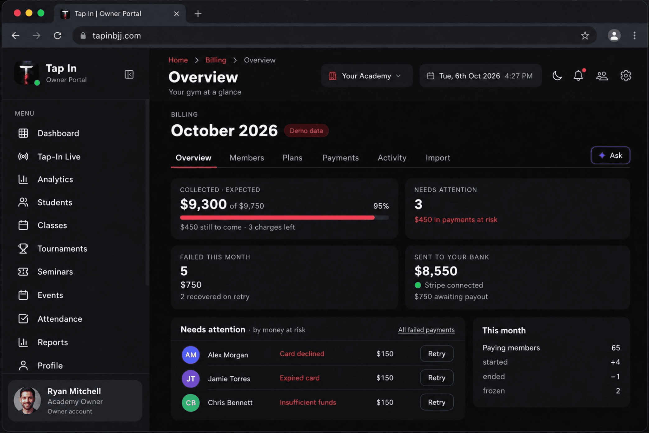 Tap In Membership Dashboard Screen